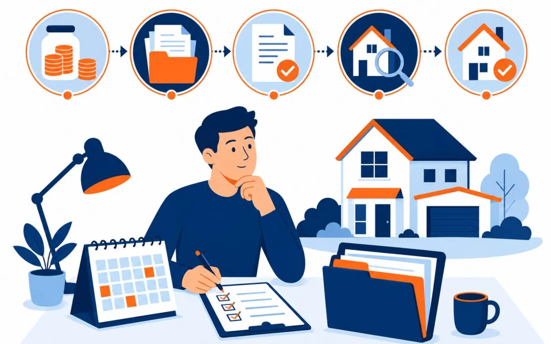 Illustration showing the stages of a mortgage application timeline from preparation to completion.